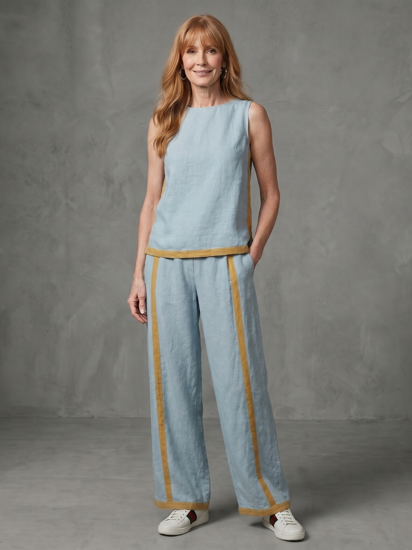 Women’s Sleeveless Wide-Leg Contrast Two-Piece Pants Set