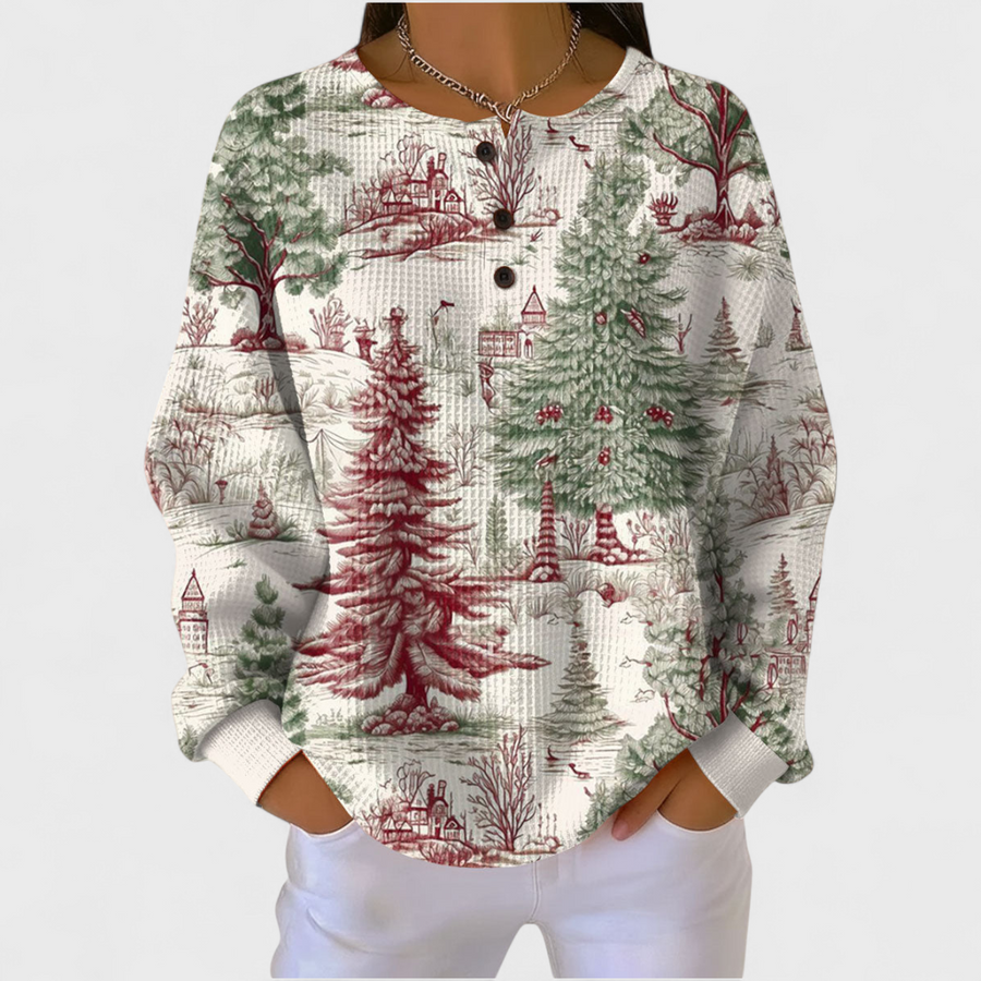 Women’s Christmas Tree Print Button Neck Sweater