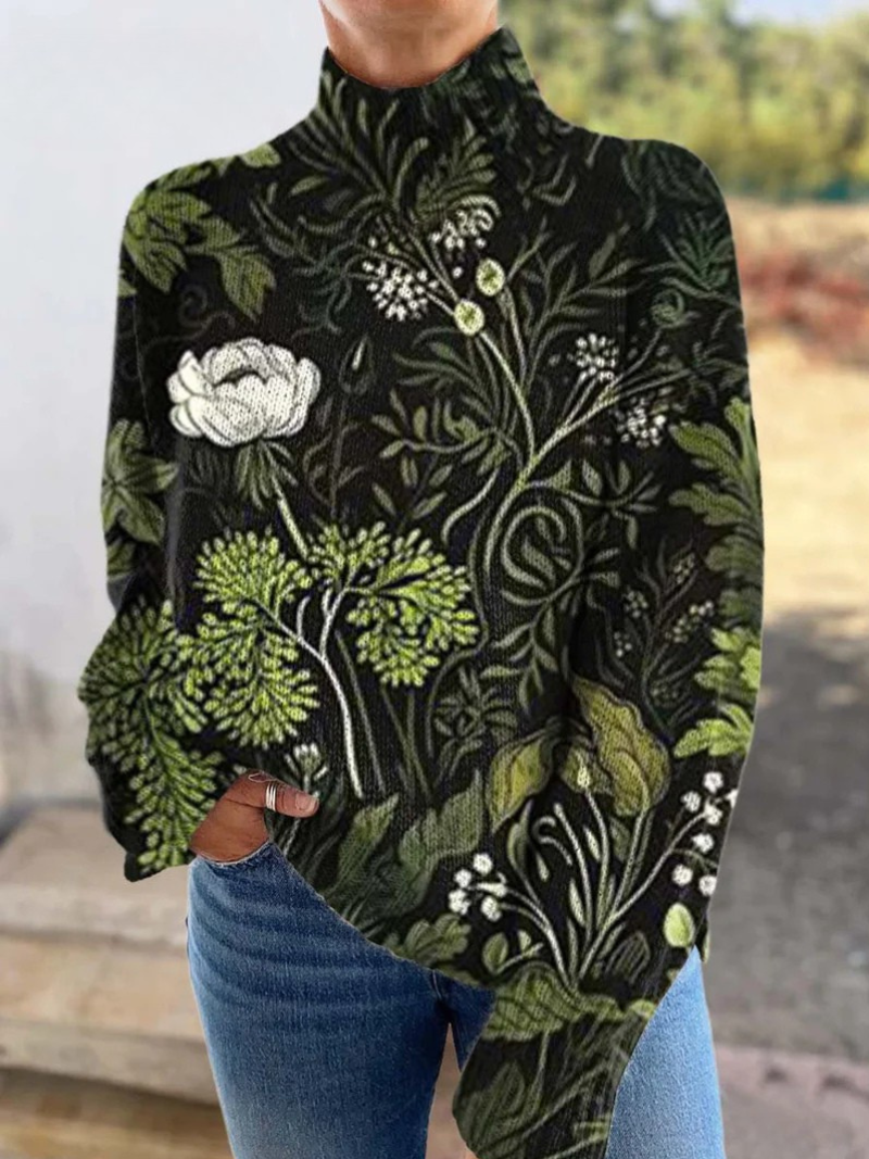Women’s Botanical Floral Print Slim Fit Turtleneck